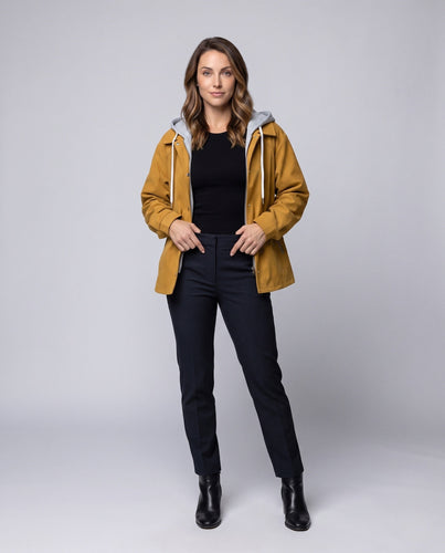 Damen Oversize Übergangsjacke mit Kapuze, Kontrastfutter & Reißverschlusstaschen Echoarchiv