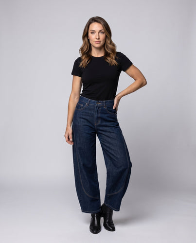 Damen Palazzo-Hosen-Jeans mit weitem Bein, hoher Taille und dekorativen Nähten Echoarchiv