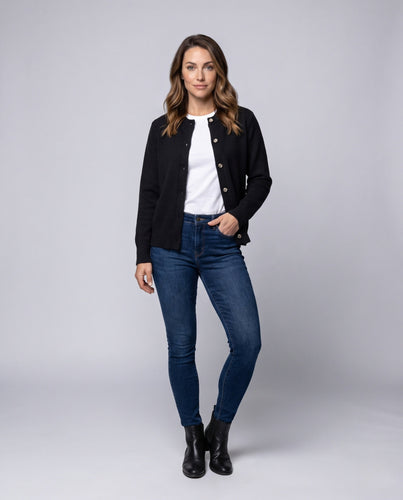 Damen Rundhals Feinstrick-Cardigan mit Knopfleiste und gerippten Bündchen Echoarchiv
