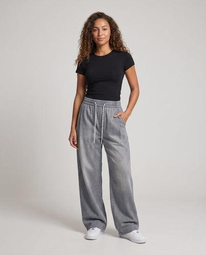 Damen Weite Denim Harem-Hosen mit Elastischem Kordelzugbund & Ballonförmigem Saum Echoarchiv