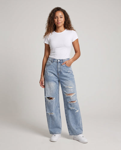 Damenweite zerstörte Baggy-Jeans mit elastischem Bund Echoarchiv