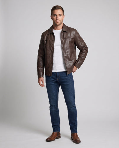 Herren Elegante Kunstleder Feldjacke mit Hemdkragen, verdecktem Zwei-Wege-Reißverschluss und multifunktionalen Taschen Echoarchiv