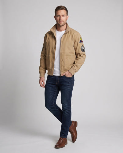 Männer Feld Bomberjacke im Utility-Look mit gestickten Abzeichen, Stehkragen & aufgesetzten Taschen Echoarchiv