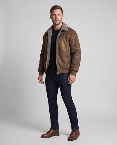 Herren gepolsterte Wildleder-Optik Bomberjacke mit Teddy-Futter & Hemdkragen Echoarchiv