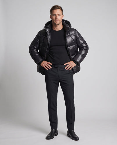 Herren glänzende gesteppte Winterjacke mit Kapuze, winddichte Außenhülle & Reißverschlusstaschen Echoarchiv