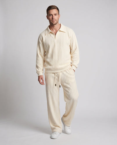 Herren Grobstrick Lounge Set mit Polo-Rücken, halbem Kragen und lockeren Kordelzughosen Echoarchiv