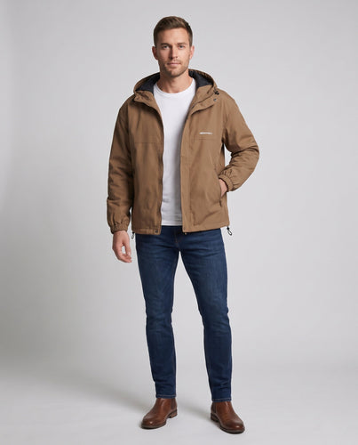 Herren Kapuzen Übergangsjacke aus wind- und wasserabweisendem Canvas mit thermischer Fütterung, Reißverschluss & Saumkordel Echoarchiv