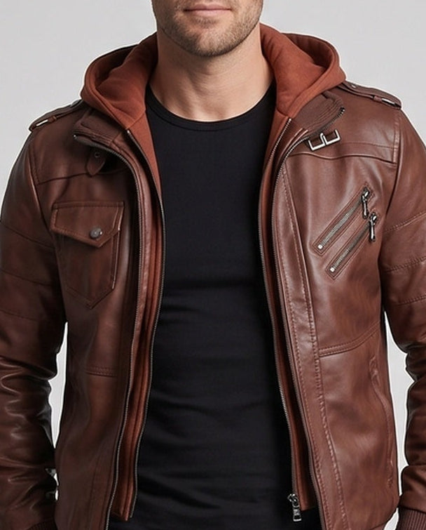 Herren Kunstleder Bomberjacke mit integrierter Kapuze, Utility-Taschen & gerippten Bündchen Echoarchiv