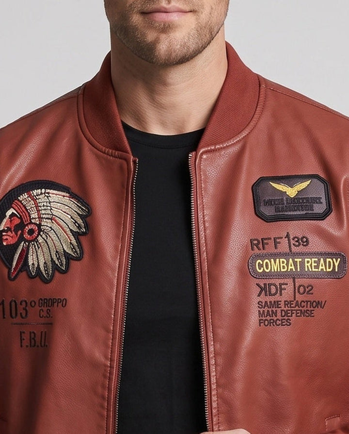 Herren Kunstleder Pilotjacke mit Abzeichenapplikationen & Teddy-Futter Echoarchiv