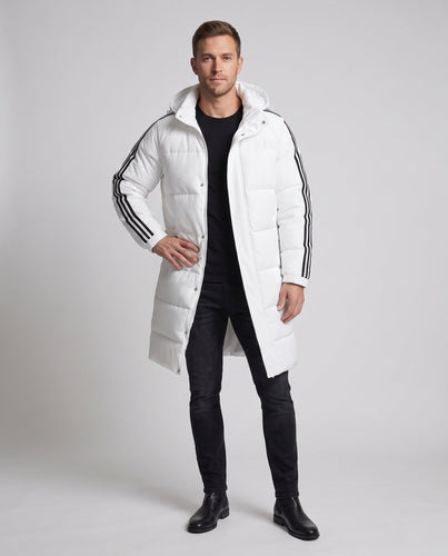 Männer lange gepolsterte Kapuzen-Steppjacke mit sportlichen gestreiften Ärmeln und winddichter Schale Echoarchiv