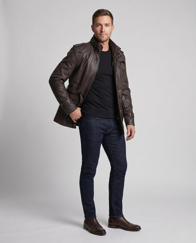 Herren Langer Kunstleder Parka mit Teddy-Futter, Utility-Taschen & Stehkragen Echoarchiv
