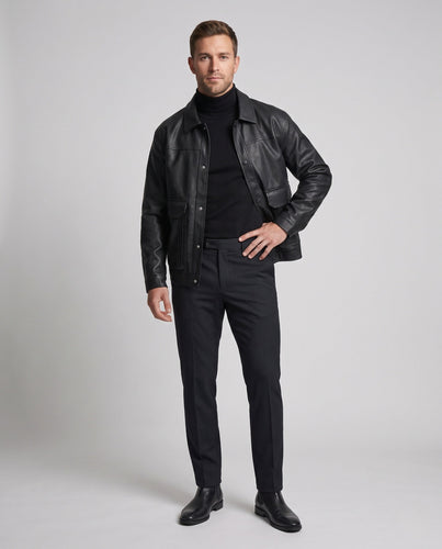 Herrenlederjacke im Worker-Stil mit Druckknopfverschluss und Klappentaschen Echoarchiv
