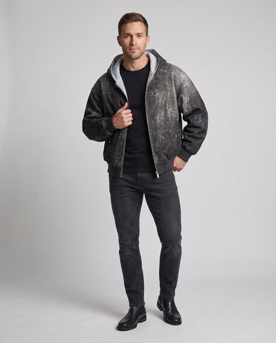 Herren Oversized Bomberjacke mit Marmorwasch-Effekt, Kapuze & doppeltem Reißverschluss Echoarchiv