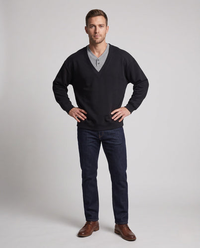 Herren Oversize Layered Look V-Ausschnitt Sweatshirt mit integriertem Henley-Einsatz Echoarchiv