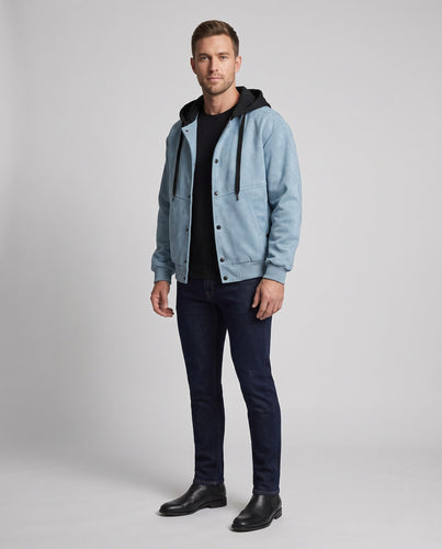 Herren Oversize Wildleder-Look Kapuzen Bomberjacke mit Druckknopf-Front & Rippbündchen Echoarchiv