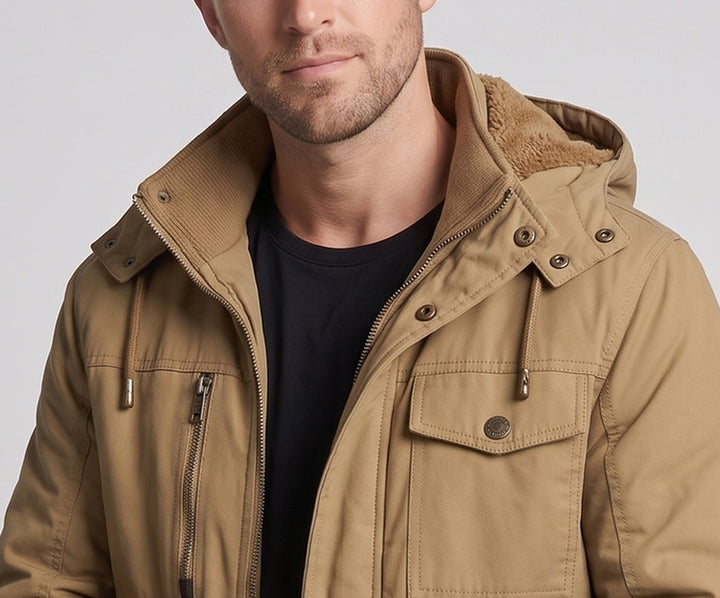 Herren Robust-Canvas-Feldjacke mit Kapuze, Multifachtaschen & tailliertem Schnitt Echoarchiv