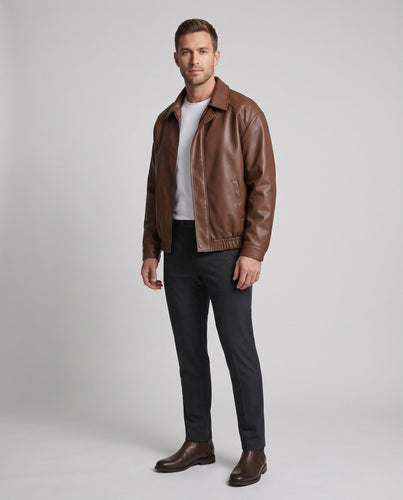 Herren Schlichte Kunstleder‑Blousonjacke im cleanen Blousonstil mit Hemdkragen, verdecktem Reißverschluss & elastischem Bund Echoarchiv