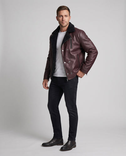 Herren Thermo-Lederimitat-Bomberjacke mit Teddyfutter, Reißverschlusstaschen & Druckknopfblende Echoarchiv