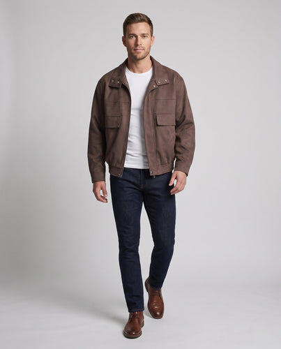 Herren Veloursleder‑Optik Overshirt‑Bomberjacke mit Pattentaschen Echoarchiv