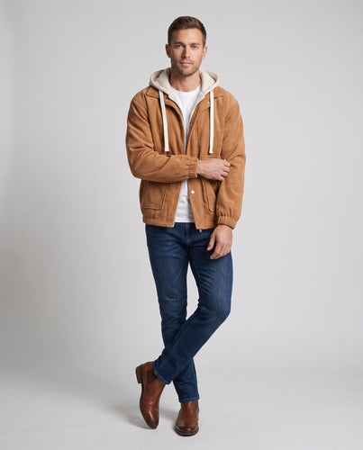 Herren Wattierte Cord-Fieldjacke mit gesteppter Innenlage, Kapuze & Teddyfutter Echoarchiv