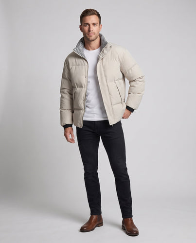 Herren Wattierte Thermo-Steppjacke mit hohem Kontrastkragen & verdeckter Druckknopfblende Echoarchiv