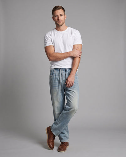 Herren Weite Baggy-Denimhose mit elastischem Kordelbund & Used-Wash Echoarchiv