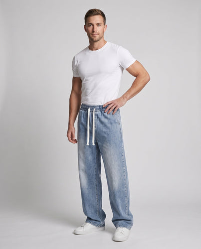 Herren Weite Relaxed-Jeanshose mit Tunnelzugbund und washed Denim-Optik Echoarchiv