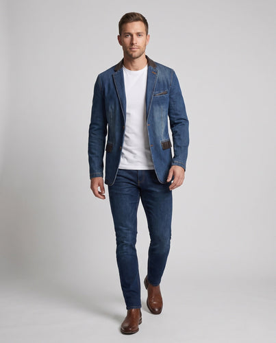 Herren Modische Jeansjacke mit Lederapplikationen Echo Archiv