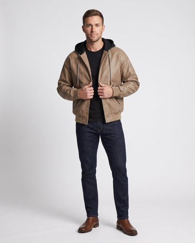 Herren Modische Kunstlederjacke mit Kapuze Echo Archiv