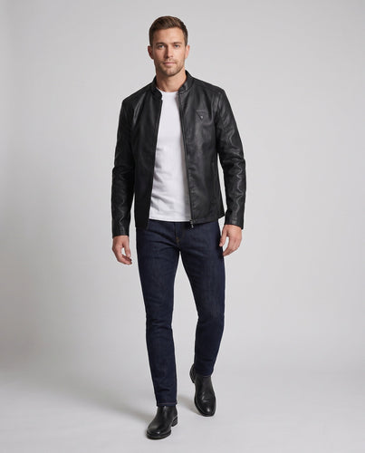 Herren Modische Kunstlederjacke mit Stehkragen und Reißverschluss Echo Archiv