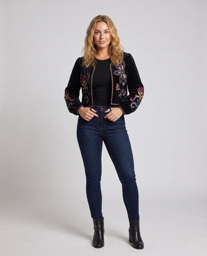 Damen Bestickte Samt-Cropped-Jacke mit floraler Stickerei Echoarchiv