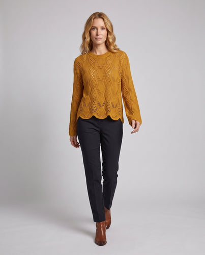 Damen Feinstrickpullover mit Ajourmuster, Rundhalsausschnitt und geschwungener Saum Echoarchiv