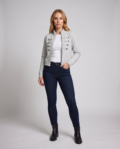 Damen Kurz geschnittener Sweatblouson mit Stehkragen und dekorativen Zierknopfreihen Echoarchiv