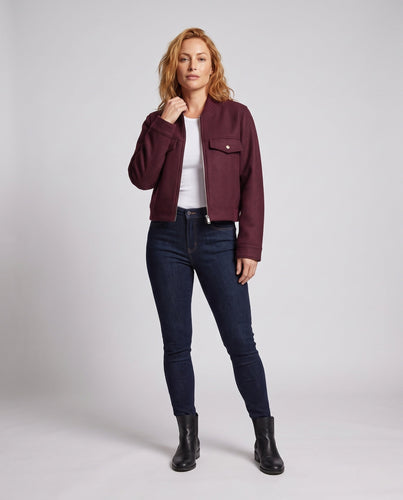 Damen Kurze Wollmix-Bomberjacke mit Reißverschluss, Pattentaschen und Rippkragen Echoarchiv