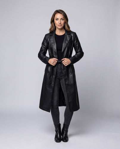 Damen längerer taillierter Trenchcoat aus veganem Lederlook mit Bindegürtel und Reverskragen Echoarchiv