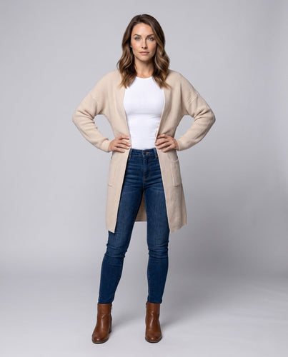 Damen Longline-Strickcardigan mit Rippenstruktur und aufgesetzten Taschen Echoarchiv