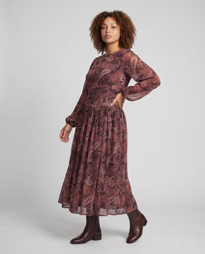 Damen Midikleid mit Paisley‑Print, fließendem Volantrock und Ballonärmeln Echoarchiv