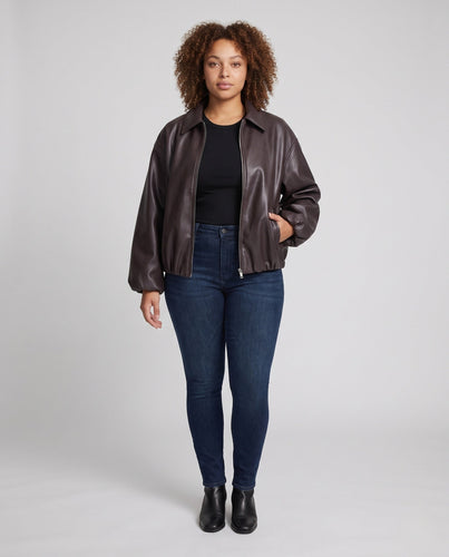 Damen Oversized Lederlook Blouson mit Hemdkragen, Reißverschluss und elastischem Saum Echoarchiv