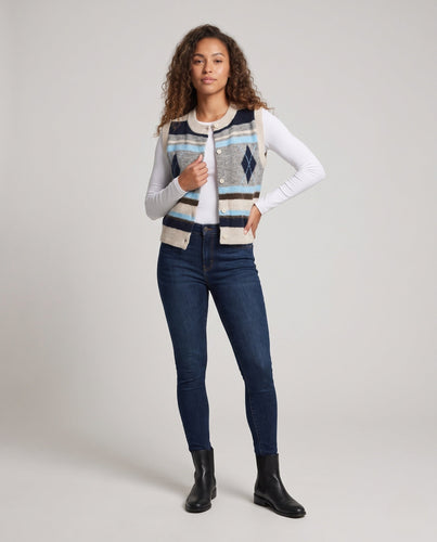 Damen Strickweste mit Knopfleiste, Argyle- und Streifenmuster, Rundhalsausschnitt Echoarchiv