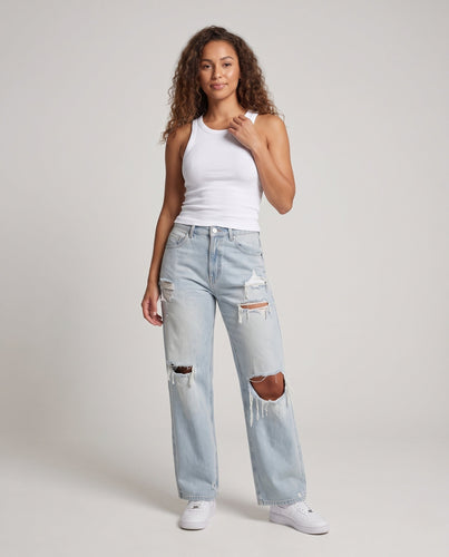 Damen Weite Distressed-Jeans mit hoher Taille und großen Rissen Echoarchiv