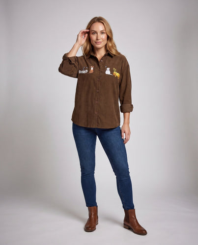 Frauen Gemütliche und Modische Shirt-Bluse mit Katzenstickerei Echoarchiv