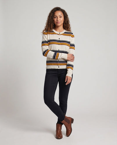Damen Boxy-Kurzcardigan mit maritimen Streifen und durchgehender Knopfleiste Echoarchiv