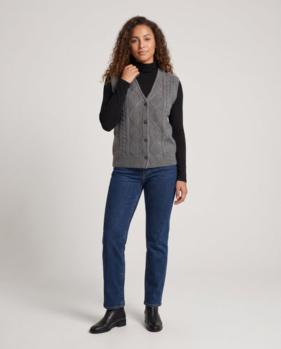Damen Boxy‑Strickweste mit Diamantstruktur, V‑Ausschnitt und Holzknöpfen Echoarchiv