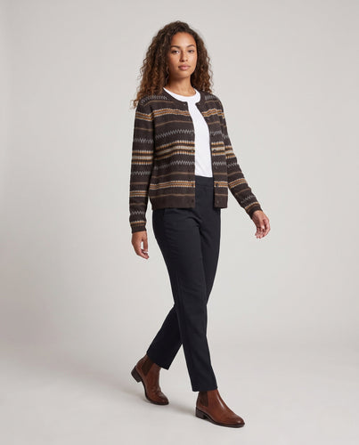 Damen Button-Through Feinstrick-Cardigan mit skandinavischem Ajourstreifen und softem Baumwoll-Mix Echoarchiv