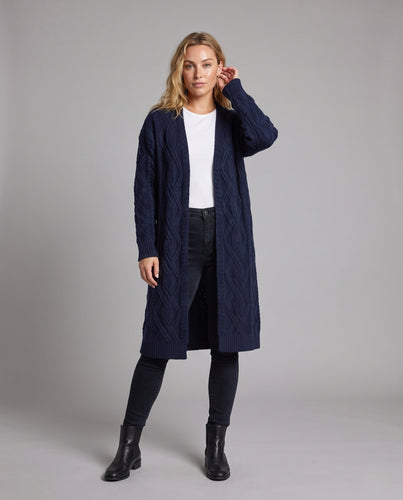 Damen Extra-langer offener Zopfmuster-Strickmantel im Kaschmir‑Look Echoarchiv