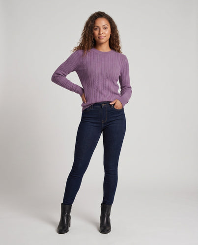 Damen Feiner gerippter Zopfmuster-Pullover mit Rundhalsausschnitt und kaschmirähnlicher Weichheit Echoarchiv