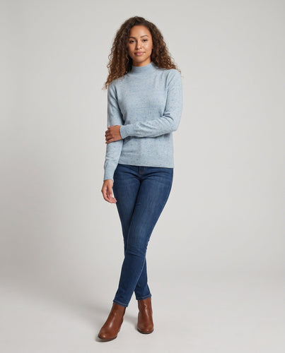 Damen Feiner Mélange-Mockneck-Pullover mit Ballonärmeln und feiner Struktur Echoarchiv