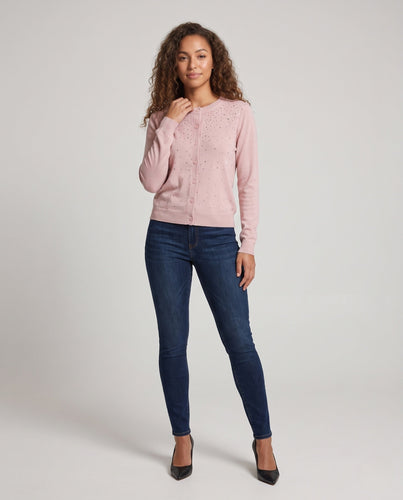 Damen Feiner Strickcardigan mit Schmuckstein‑Besatz, Rundhalsausschnitt und Knopfleiste Echoarchiv