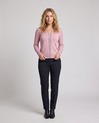 Damen Feiner V‑Ausschnitt-Feinstrickpullover mit dekorativem Strassstreifen und geripptem Saum Echoarchiv
