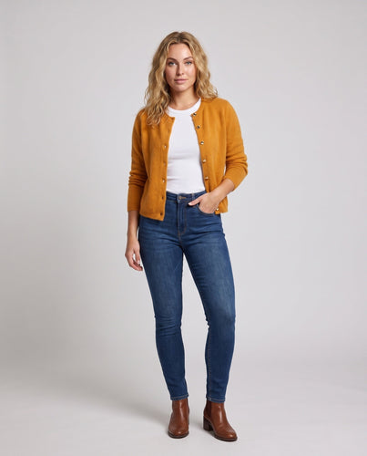 Damen Feiner Wollmix‑Knopfcardigan mit dekorativen goldfarbenen Druckknöpfen Echoarchiv